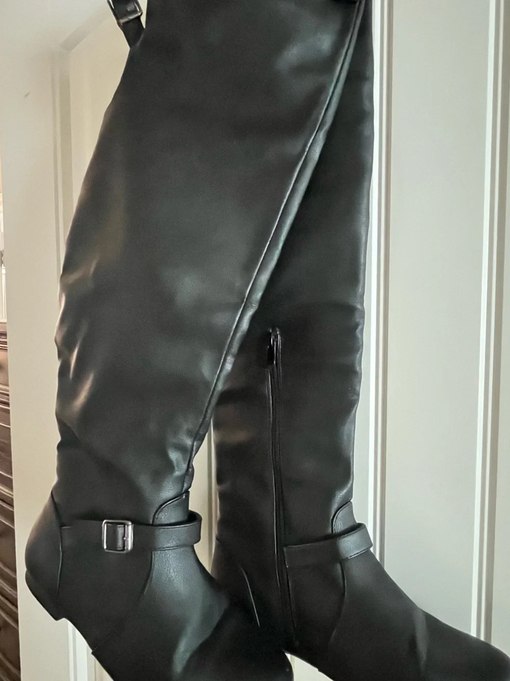 Black Knee-High Buckle Boots - Women